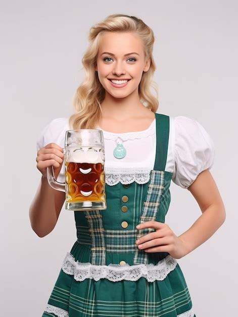 Premium Photo Oktoberfest Waitress Holding Two Large Glasses Of Beer