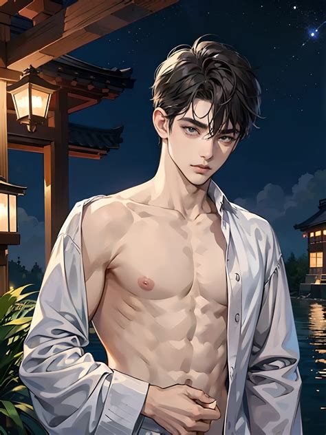 Anime Guy With No Shirt Standing In Front Of A Lake Seaart Ai