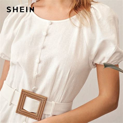 SHEIN White bufiaste rękawy jednorzędowa z wycięciem Hem sukienka z