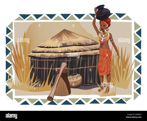 Illustration With An African Woman Carrying A Pot Stock Photo Alamy