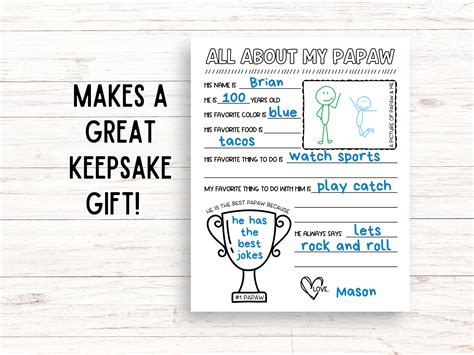 All About My Papaw Printable Fathers Day Printable T Birthday T