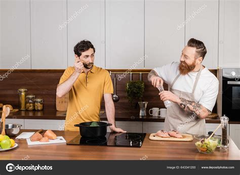 Gay Couple Cooking Vegetables Chicken Fillet Kitchen Stock Photo HayDmitriy