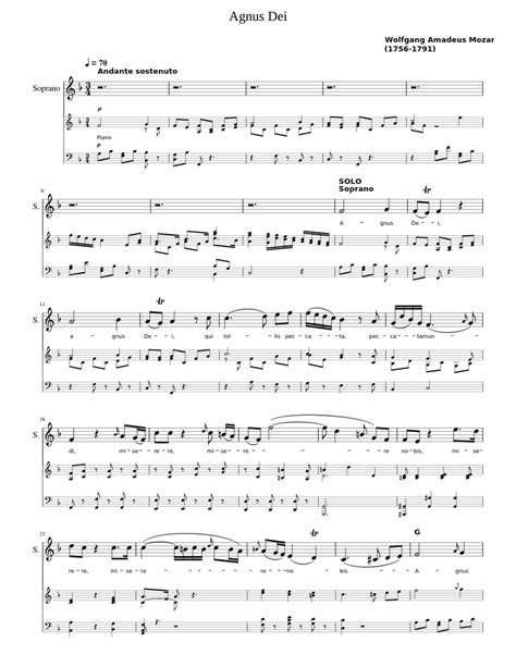 Agnus Dei Messe Du Couronnement Kv317 Wolfgang Amadeus Mozart Sheet Music For Piano Soprano