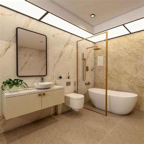 Spacious Bathroom Design With Beige And White Wall Tiles Livspace