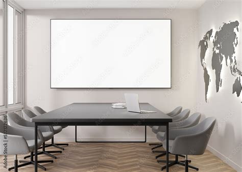 Conference room with blank, empty TV screen. Monitor mock up. Business ...