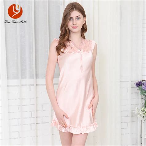 Lin Yun Women Nightgown Summer Faux Silk Sleepshirts Female Sleep V