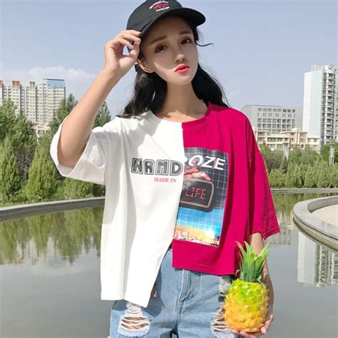 New Fashion Brand Summer Style Womens Clothing Ulzzang Female Short Colorblock Letter Print