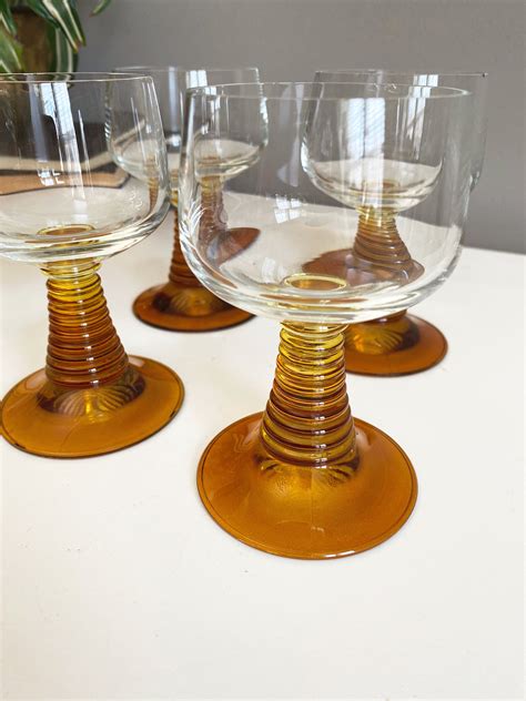 Vintage Amber Roemer Glasses Set Of 4 Brown Beehive Stem Etsy