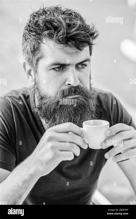 Bearded Man In Cafe Brutal Male Needs Morning Refreshment Drink