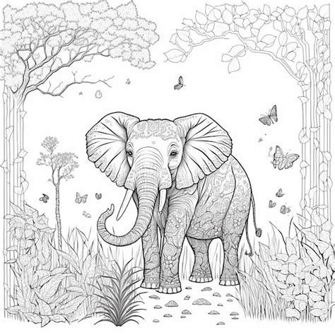 éléphant dans la forêt coloriage noir et blanc pour livre de coloriage