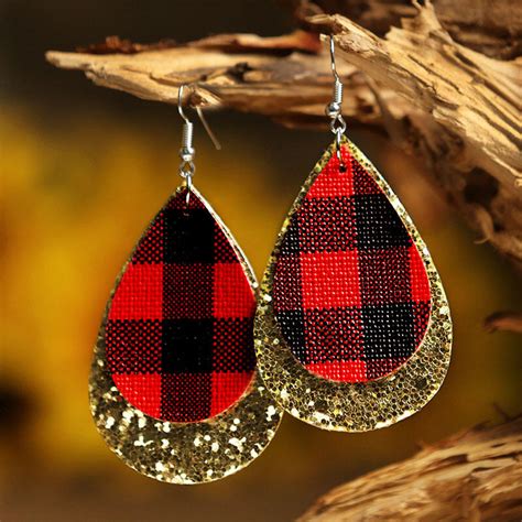 Plaid Sequined Dual Layered Leather Earrings Fairyseason