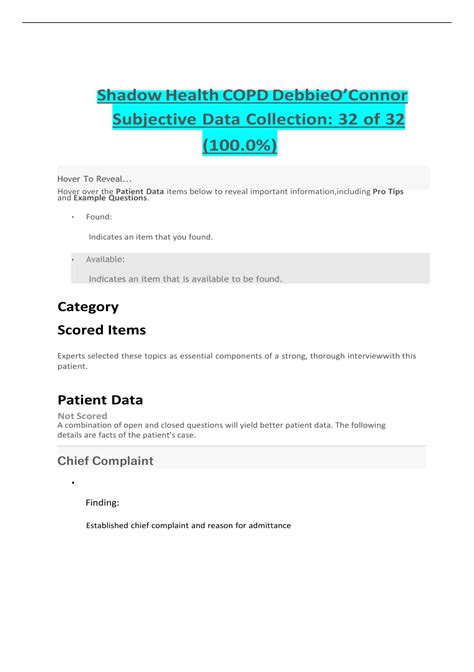 Summary Shadow Health COPD Debbie OConnor Subjective Data Collection