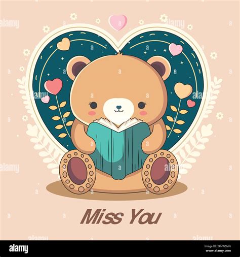 Vector Illustration Of Cute Teddy Bear Reading A Book Leaves Heart