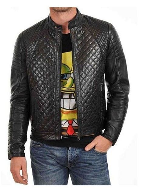 Mens Leather Jacket Black Quilted Stitch Line Design Leather Jacket