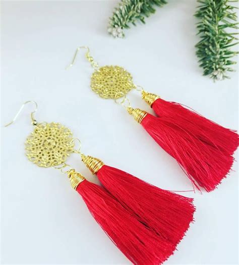 Red Tassel Earrings Long Tassel Earrings Unique Tassel Etsy Long Bridal Earrings Blue