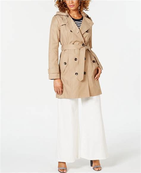 London Fog Petite Hooded Double Breasted Water Repellent Trench Coat