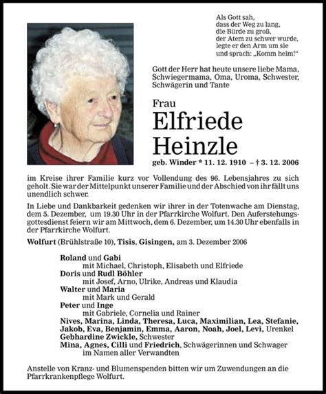 Todesanzeigen Von Elfriede Heinzle Todesanzeigen Vorarlberger Nachrichten