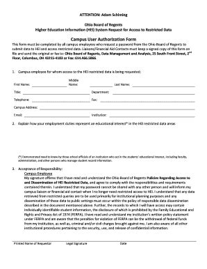 Fillable Online Ohiohighered Campus User Authorization Form Ohio