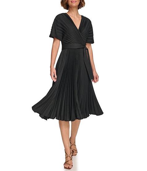 Dkny By Donna Karan Pleated Surplice V Neckline Short Sleeve Midi Dress