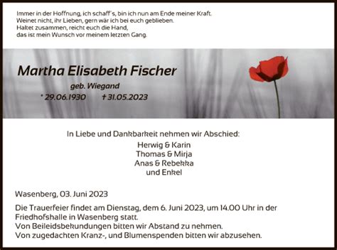 Traueranzeigen Von Martha Elisabeth Fischer Trauer HNA De