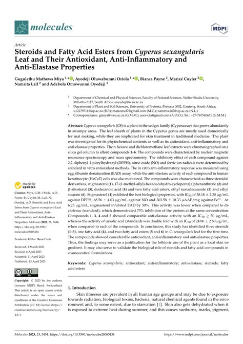 Pdf Steroids And Fatty Acid Esters From Cyperus Sexangularis Leaf And