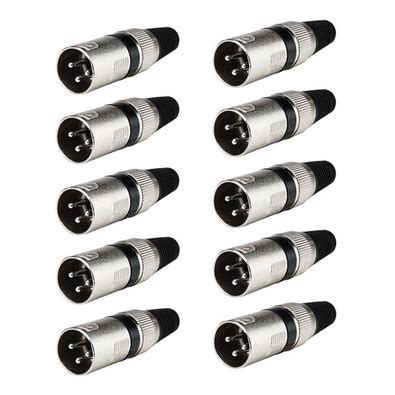 Kit 10 Plugs Conector XLR Canon Macho 3 Pinos Metal Niquelado Para