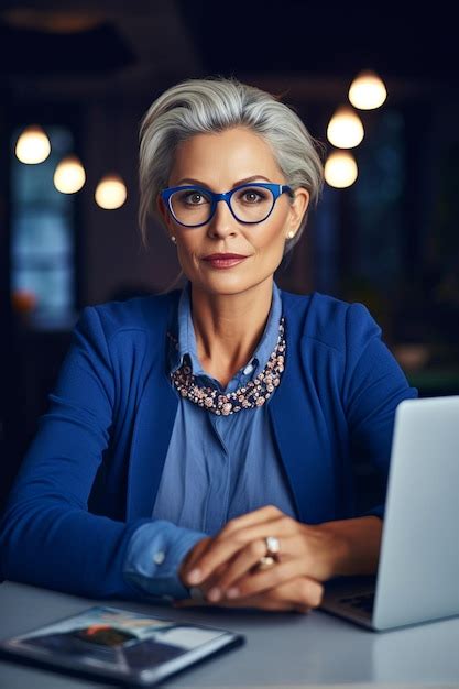 Premium Ai Image Woman Wearing Glasses Sitting At Table With Laptop In Front Of Her Generative Ai