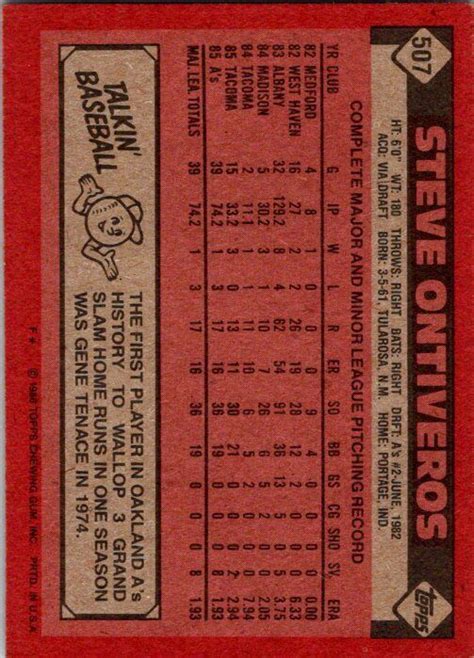 1986 Topps 507 Steve Ontiveros Nearmintmint Ebay