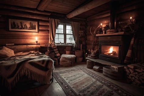 Premium AI Image | Cozy cabin retreat with crackling fire surrounded by ...