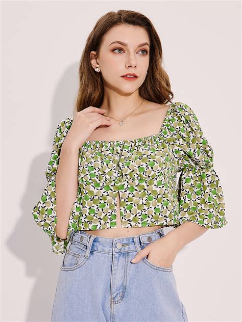 Buy Urbanic Green Floral Print Ruched Pullover Crop Top Tops For