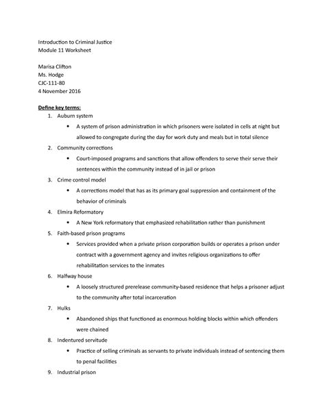 Chapter 11 Worksheet Introduction To Criminal Justice Module 11