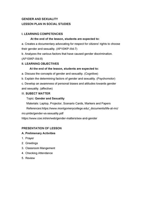 Lesson Plan Gender And Sexuality Gender And Sexuality Lesson Plan In