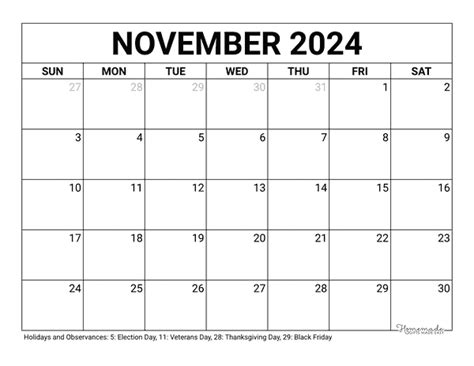 Blank calendar template november 2024 printable