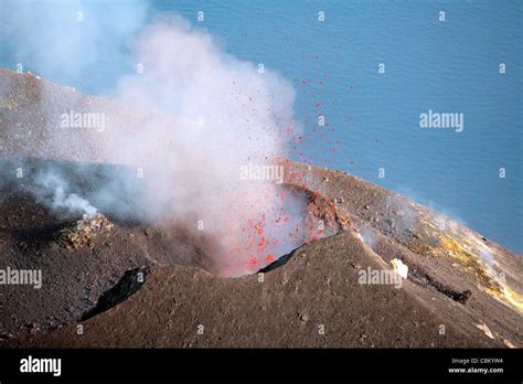 Explosive Strombolian eruption of Stromboli volcano throwing glowing ...