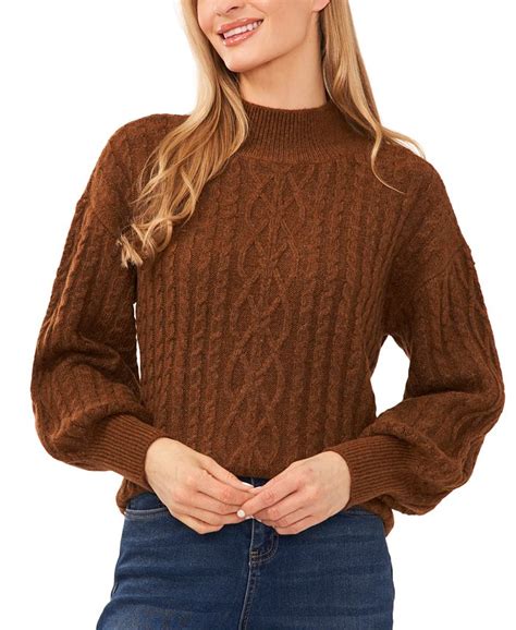 Cece Womens Cable Knit Mock Neck Bishop Sleeve Sweater Macys