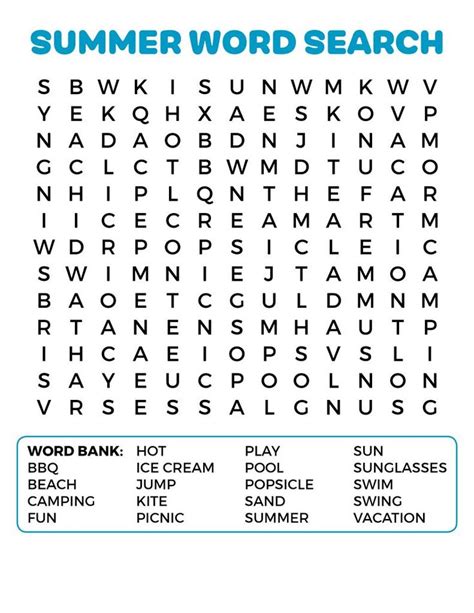 Free Printable Summertime Word Search