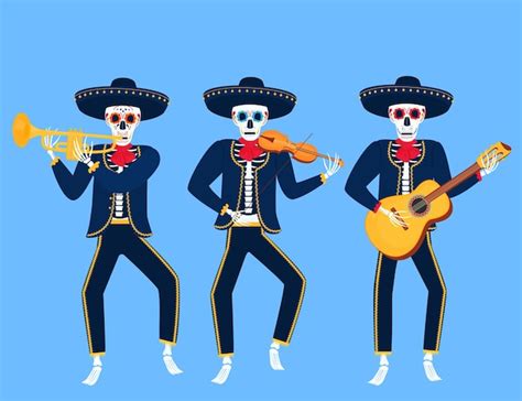 Dibujos Animados De Mariachi Muertos Tocar Instrumentos Musicales