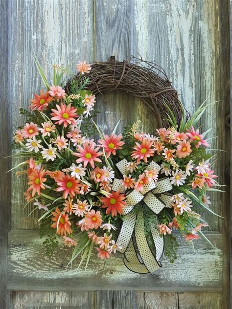 Coral Daisy Wreath Summer Daisy Wreath Daisy Wreath For Etsy