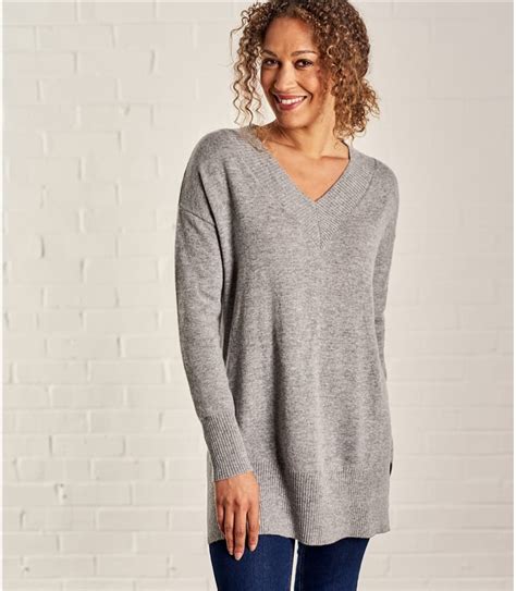 Grey Marl Womens Cashmere Merino Deep V Neck Tunic Woolovers Uk