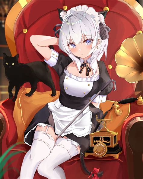 Wallpaper Anime Girls Vertical Cats Maid Outfit Stockings