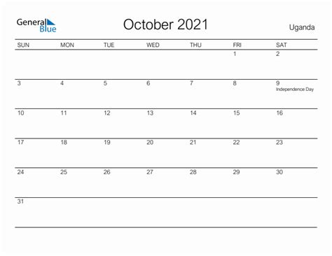 Printable October 2021 Monthly Calendar With Holidays For Uganda