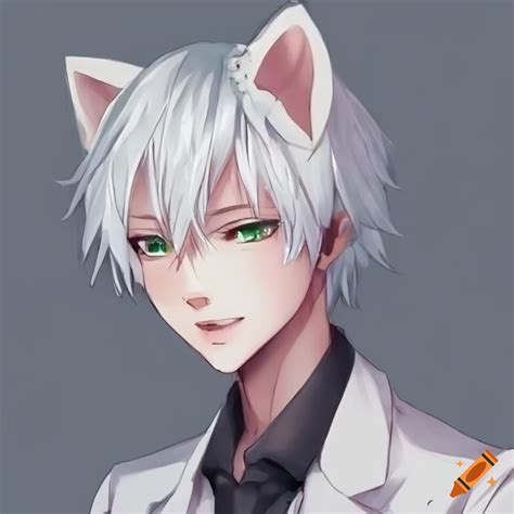 Anime Cat Boy With White Hair Green Eyes