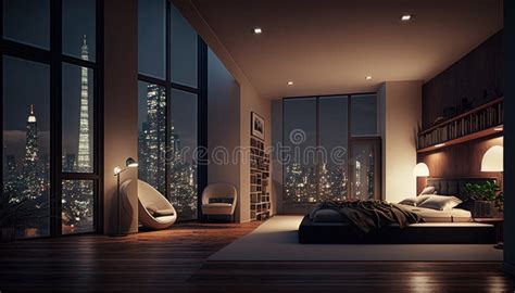 Luxury Penthouse Bedroom At Night Ai Generative Stock Illustration