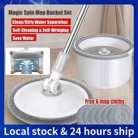 Free 6 Mop Pads Spin Mop Bucket Set Sewage Separation Self Cleaning Floor Cleaner Mop Shopee