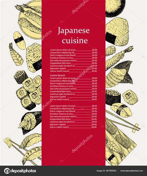 Japanese Restaurant Menu Hand Drawn Illustration Dishes Products Ink