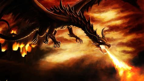 Fantasy Is Dragon Flying Above And Breathing Fire Dreamy Hd Wallpaper