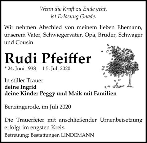 Traueranzeigen Von Rudi Pfeiffer Abschied Nehmen De