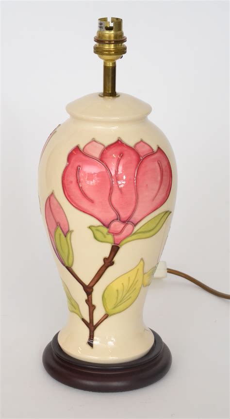 A Walter Moorcroft Magnolia Pattern Table Lamp Decorated With Pink