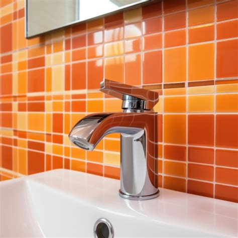 Premium Ai Image Faucet In Modern Bathroom With Orange Tiles