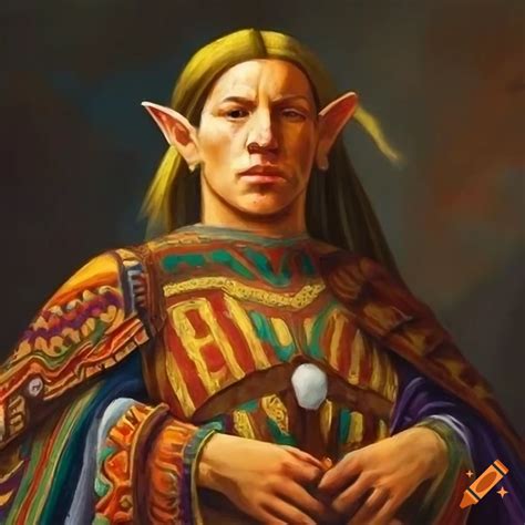 Renaissance Painting Of A Sun Elf Wizard In An Inca Tunic